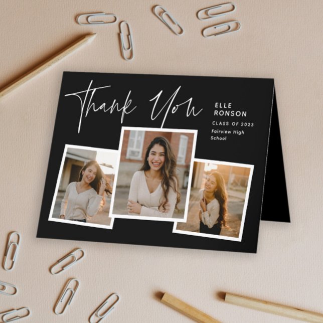 Modern Script Student Photo Collage Studenten Tack Kort (Modern script 3 photo collage graduation folded thank you card.)