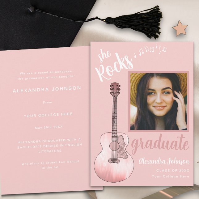 Modern Script Student Photo Rosa Guitar Inbjudningar (Fun pink country music graduate photo stylish script graduation announcement card)