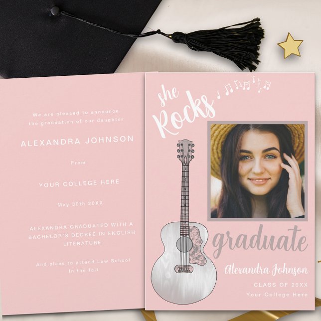 Modern Script Student Photo Rosa Land Guitar Inbjudningar (Modern pink rustic country music guitar gray script graduate photo graduation announcement card)