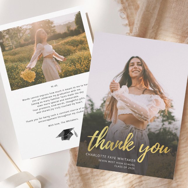Modern Script Student Photo Studenten Tack Kort (Modern Script Graduate Photo Graduation Thank You Card)