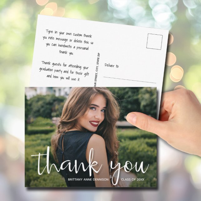 Modern Script Tack Foto Examen Vykort (Modern script thank you photo graduation postcards)
