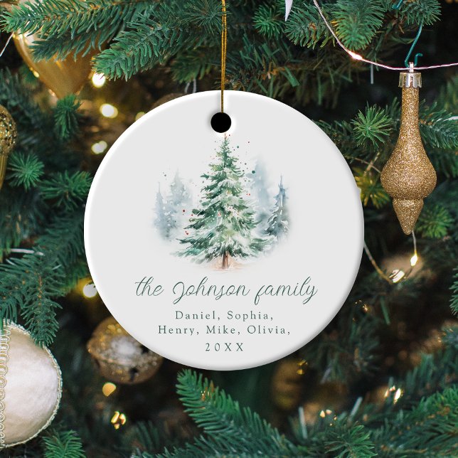 Modern Script Tall Familj Jul  Julgransprydnad Keramik (Modern Script Pine Tree Family Christmas Ceramic Ornament)