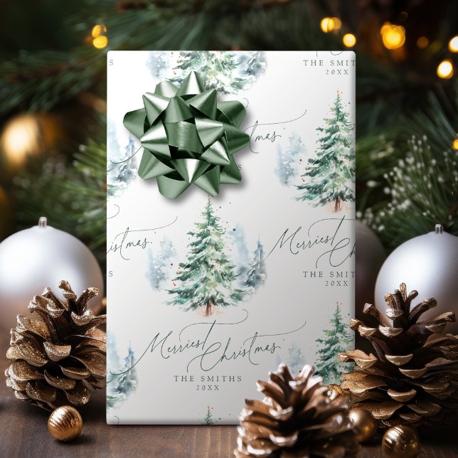 Modern Script Tallrik Merriest Christmas Presentpapper (Modern Script Pine Tree Merriest Christmas Wrapping Paper)