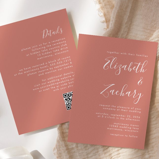 Modern Script Terracotta QR-kod Bröllop Inbjudningar (Skapare uppladdad)