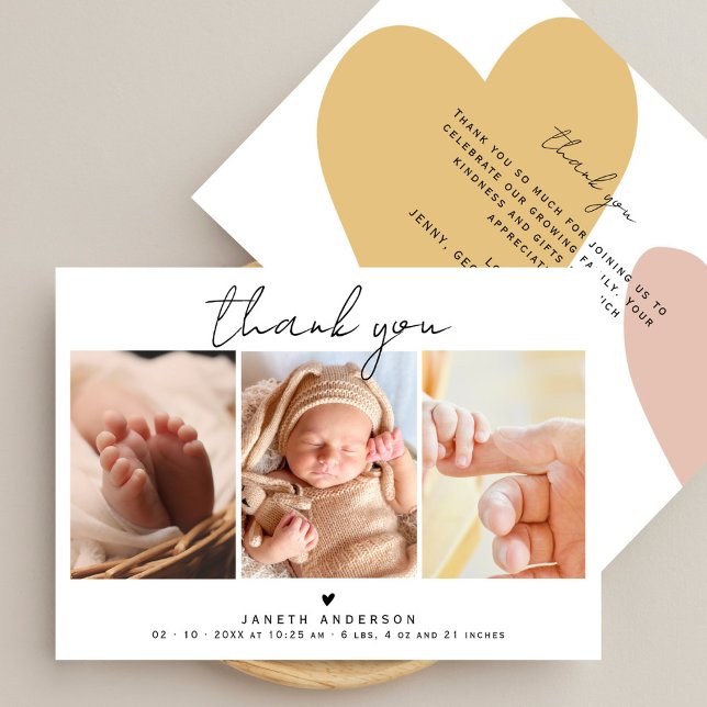 Modern Script Thank You 3 Photos Baby Shower  Tack Kort (Skapare uppladdad)