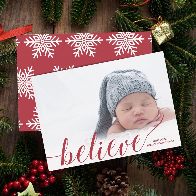 Modern Script-tro-foto Julkort (Modern Script Believe Photo Holiday Card)