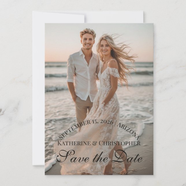 Modern Script Two Beach Photos Destination Wedding Spara Datumet (Framsida)