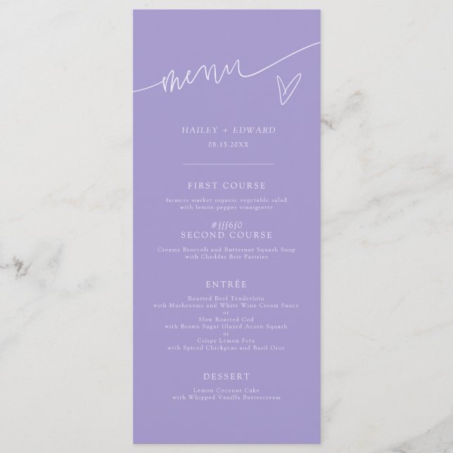 Modern Script Violett Bröllopsmeny Meny (Framsida)