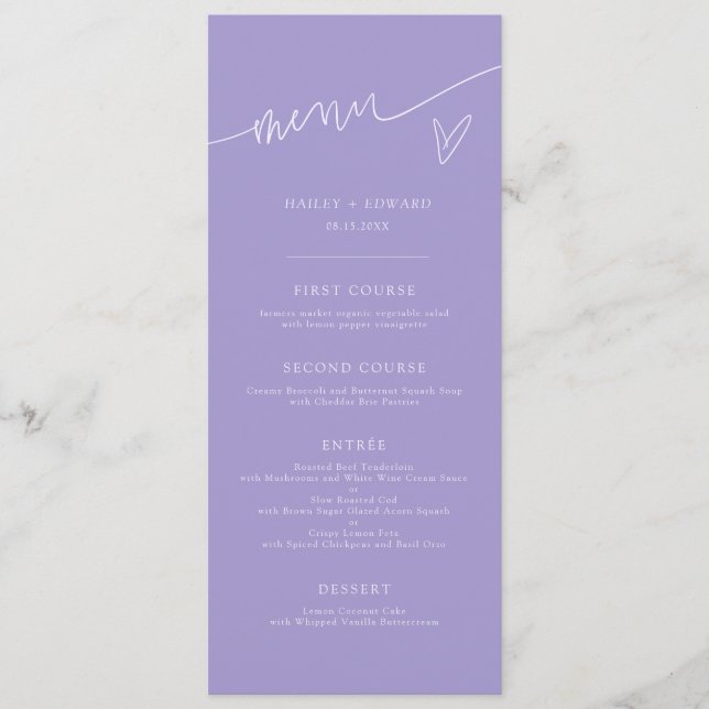 Modern Script Violett Bröllopsmeny Meny (Framsida)