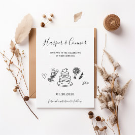 Modern Script Wedding with Minimal Line Art Inbjudningar