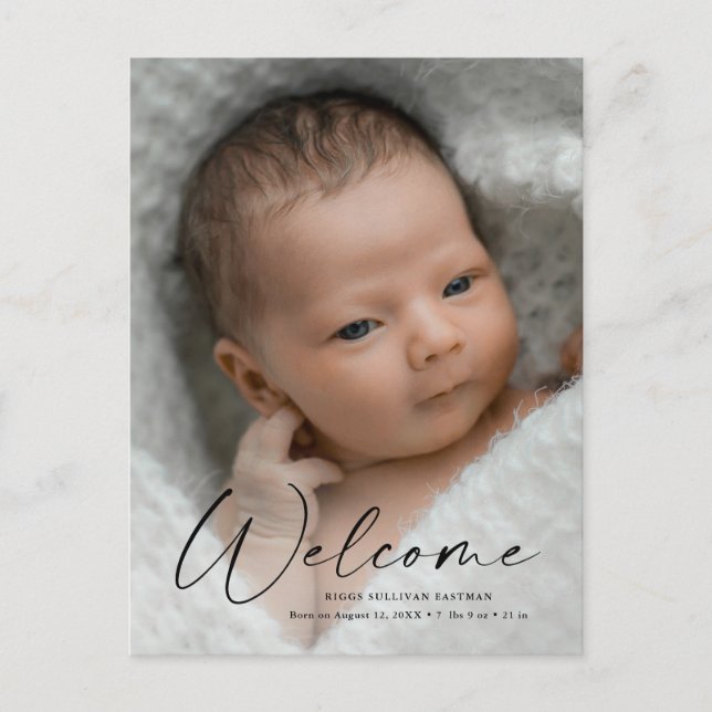 Modern Script Welcome Baby Photo Birth Tack Vykort (Framsida)
