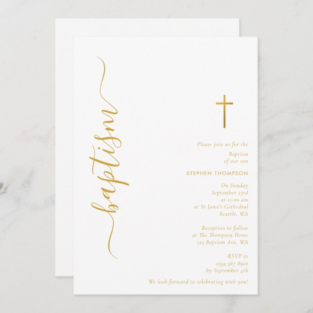 Modern Script White & Guld Christening Baptism Inbjudningar (Fram/baksida)