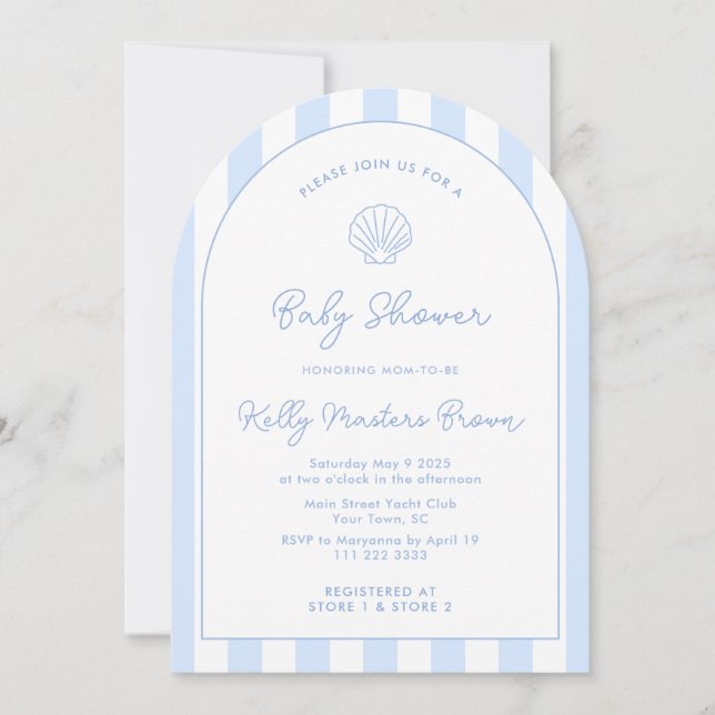 Modern Sea Snäcka Blue & White Coastal Baby Shower Inbjudningar (Framsida)