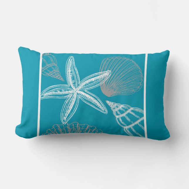 Modern Seashell Beach House Aqua Blue Starfish Lumbarkudde (Framsida)