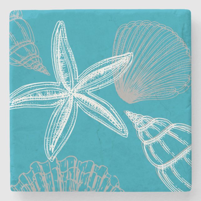 Modern Seashell Beach House Aqua Blue Starfish Stenunderlägg (Framsidan)