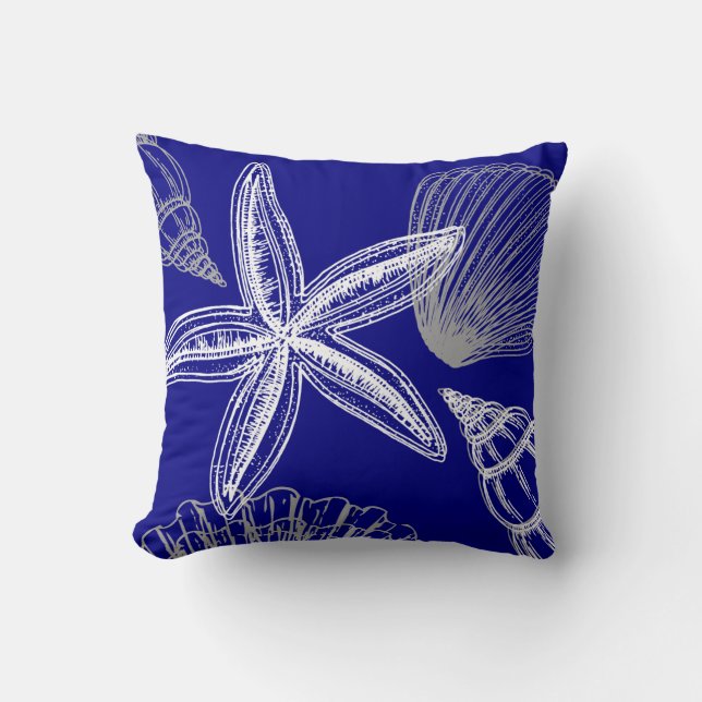 Modern Seashell Beach House Blue White Starfish Kudde (Framsida)