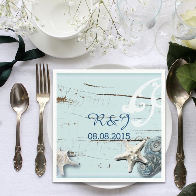 modern SeaShells Beach Wedding Pappersservett (modern ocean SeaShells Beach Wedding Paper Napkins)