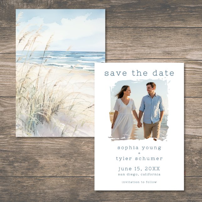 Modern Seaside Watercolor Beach Grasses Wedding Spara Datumet (Modern Seaside Watercolor Beach Grasses Wedding Save The Date)