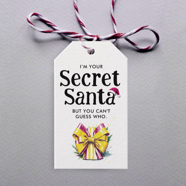 Modern Secret Santa Red Gult Bow Watercolor Presentetikett (Skapare uppladdad)