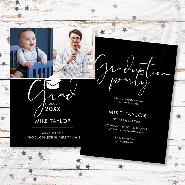 Modern, sedan och nu 2 foto-Studentfest Inbjudningar (Modern Then And Now 2 Photo Graduation Party Invitation)