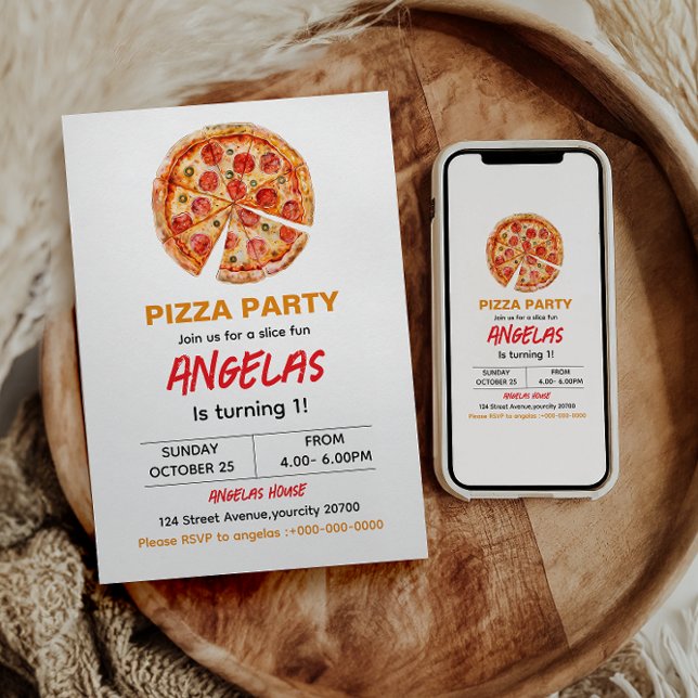 Modern Segce Baby Pizza 1:a födelsedag Inbjudningar (Skapare uppladdad)