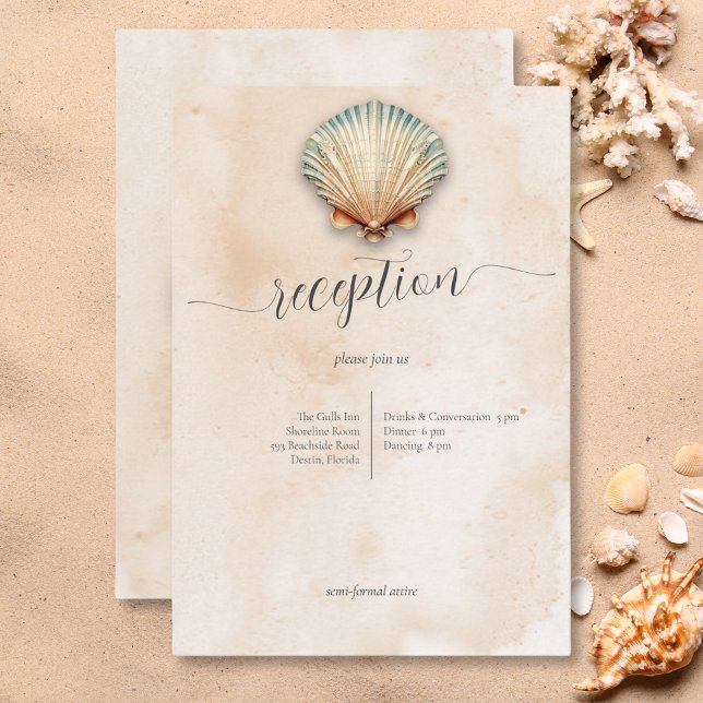 Modern semester vid kustvåtavård och bröllop tilläggskort (Modern Coastal Seashell Sand Wedding Reception Enclosure Card)