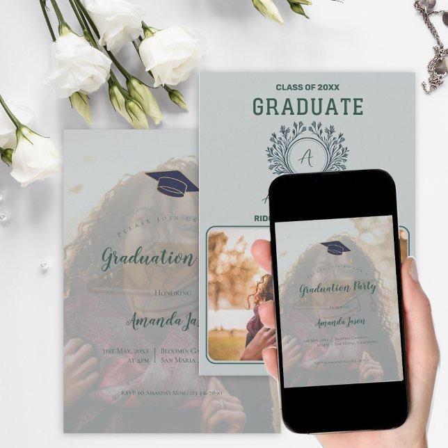 Modern Senior Examen Fotofest Inbjudningar (Modern Senior Graduation Photo Party | Print or Instant Download | 2-Page Front & Back Design)