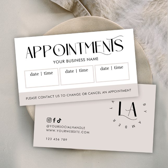 Modern Serif Font Logo Salon or Spa Taupe & White Tidsbeställning Kort (Modern white snd taupe appointments card featuring trendy serif fonts and your custom logo)