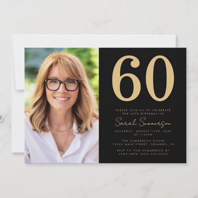 Modern Sextio Svart Guld Foto 60-årsdag Inbjudningar (Framsida)