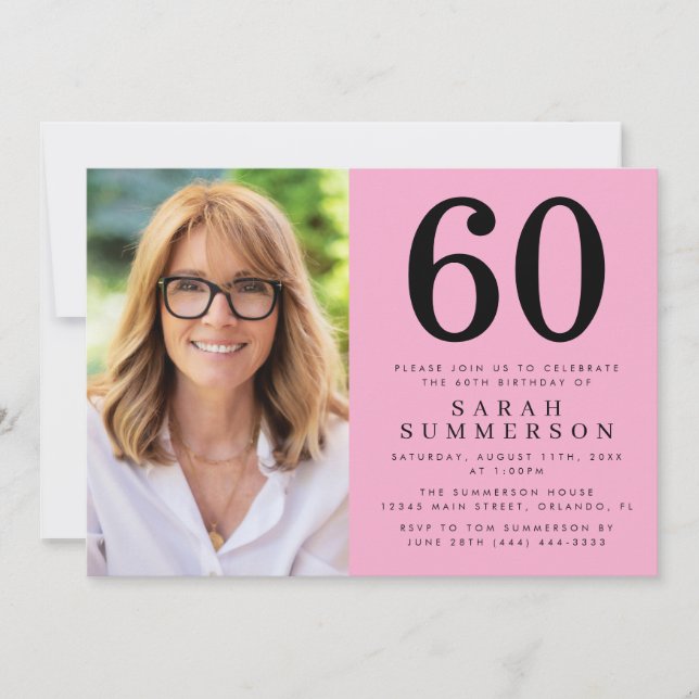 Modern sextio svart rosa foto 60-årsfest inbjudningar (Framsida)