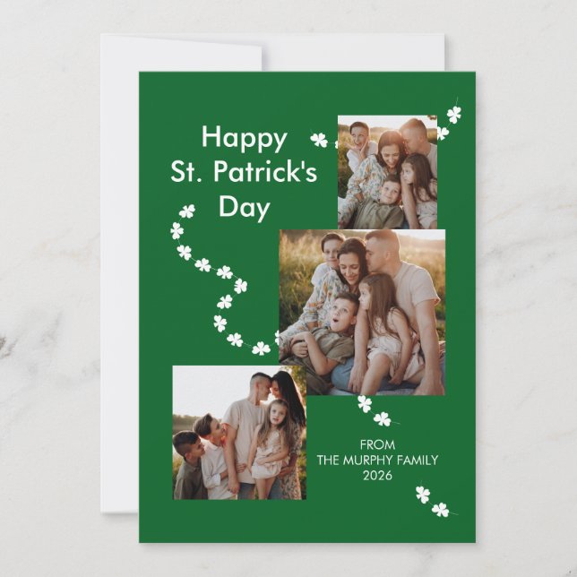 Modern Shamrock 3-foto St. Patrick's Day familj Julkort (Framsida)