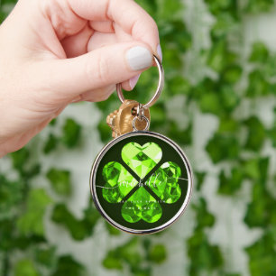 Modern Shamrock Lucky Klöver St Patrick Emerald Rund Silverfärgad Nyckelring