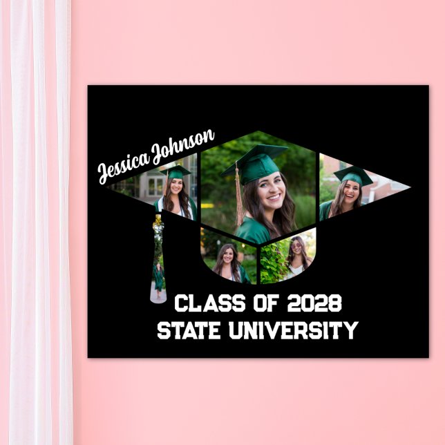 Modern Shape Photo Collage med svart Studentmössa Poster (Modern Black Graduation Cap Shape Photo Collage Poster Print)