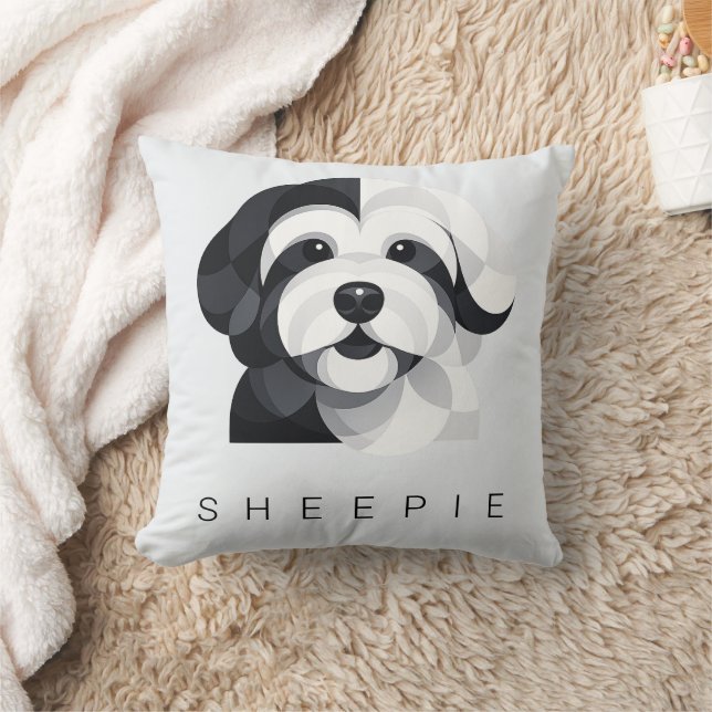 Modern Sheepadoodle Art - Geometric Black & White  Kudde (Filt)