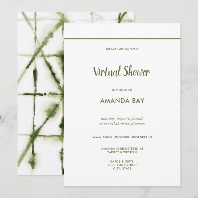 Modern Shibori Watercolor Virtuell Möhippa Inbjudningar (Fram/baksida)