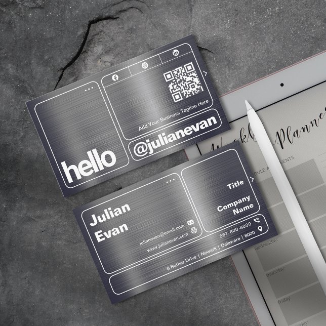 Modern Shiny Metall-Hej med fetstil i Typografi Visitkort (Modern Shiny Metal Bold Typography Hello Business Card)