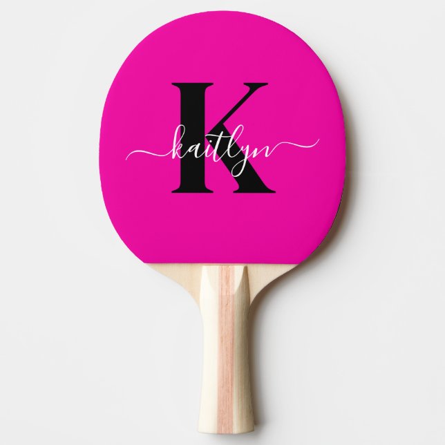 Modern Shock rosa Black Script Monogram Pingisracket (Framsidan)