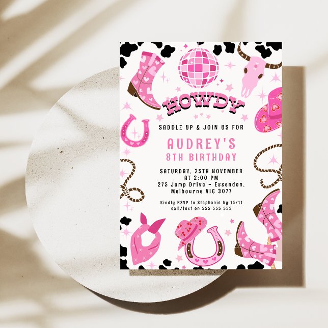 Modern Shock rosa Disco Boll Western Rodeo-födelse Inbjudningar (Hot Pink Disco Cowgirl Birthday Invitation Pink Cowgirl Rodeo Disco Ball Western Cowgirl Any Age)