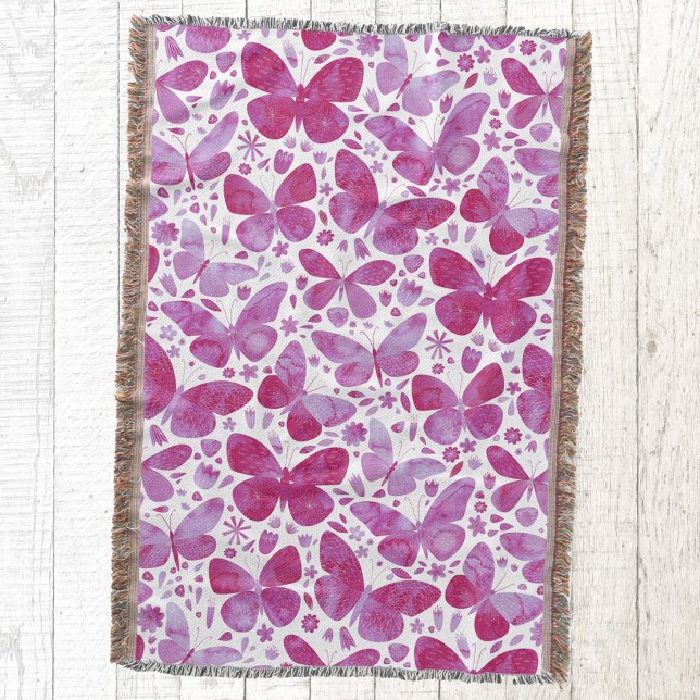 Modern Shock rosa för vattenfärgsfjäril Filt (Magenta hot pink butterfly watercolor pattern cozy throw blanket)