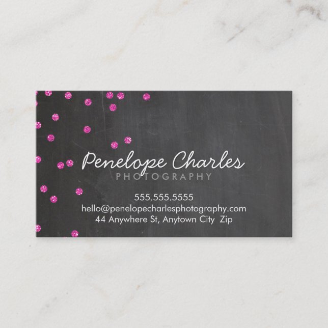 MODERN shock rosa glitter konetti dots chalkboard Visitkort (Framsida)