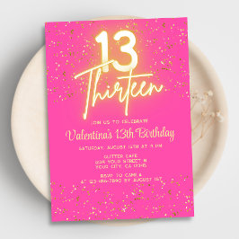 Modern Shock rosa Neon Glow Guld Glitter 13 födels Inbjudningar