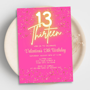 Modern Shock rosa Neon Glow Guld Glitter 13 födels Inbjudningar