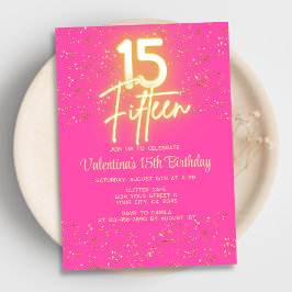 Modern Shock rosa Neon Glow Guld Glitter 15 födels Inbjudningar