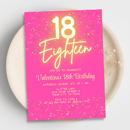 Modern Shock rosa Neon Glow Guld Glitter 18 födels Inbjudningar