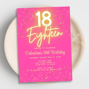 Modern Shock rosa Neon Glow Guld Glitter 18 födels Inbjudningar