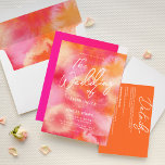 Modern shock rosa och Orange vattenfärg Bröllop Inbjudningar<br><div class="desc">Den här moderna bröllopsinbjudan innehåller en rosa och orange för eleganten. Med det här pulserande trendiget färg-schemat för shock rosa och orange.En roligt sommarbröllopsinbjudan med en shock rosa och orange vattenfärgsbakgrund med vita bokstäver.</div>