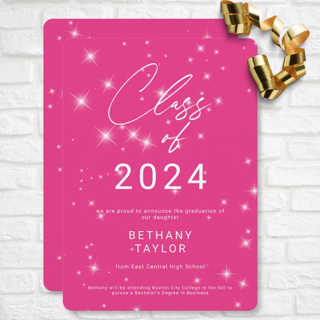 Modern Shock rosa och vit Gnistra Studenten Meddelande (Modern Hot Pink & White Sparkle Graduation Announcement)