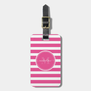 Modern Shock rosa och Vita Rand Monogram Namn Bagagebricka