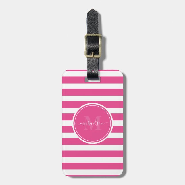 Modern Shock rosa och Vita Rand Monogram Namn Bagagebricka (Vertikal Framsida)