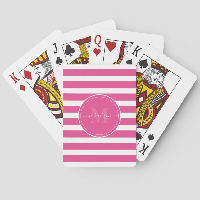 Modern Shock rosa och Vita Rand Monogram Namn Casinokort (Baksidan)